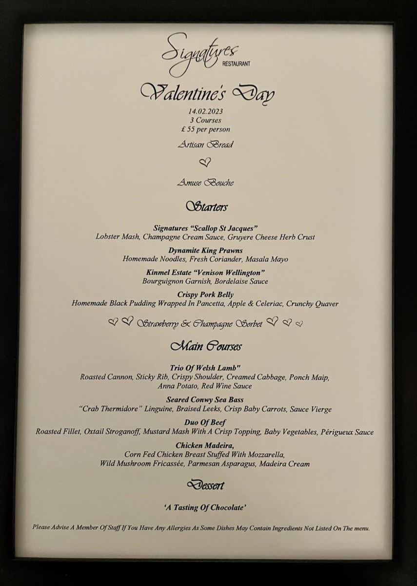 Signatures Restaurant Conwy Valentine's Day Menu